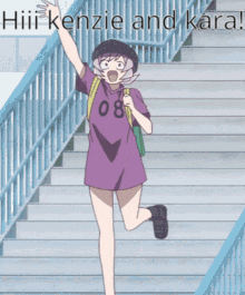 Girl In Purple Shirt Number 08 Running Down Stairs GIF