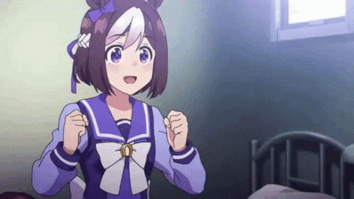 Girl In Purple Uniform Raising Fist By Bed GIF