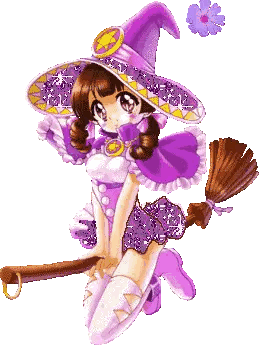 Girl in Purple Witch Outfit Flying on Broom