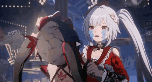 Girl in Red and White Outfit Standing Next to Monster in Video Game