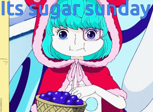Girl in Red Cape Holding Basket of Blueberries Saying Its Sugar Sunday