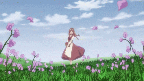 Girl In Red Dress Among Pink Flowers GIF
