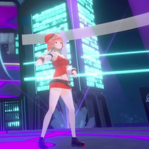 Girl In Red Dress Dancing On Video Game Stage GIF