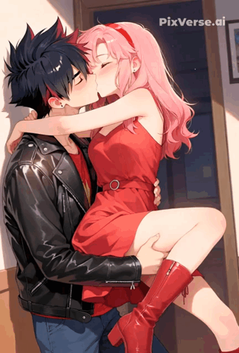 Girl in Red Dress Kisses Man in Black Jacket