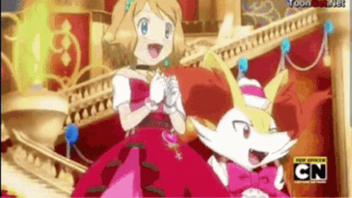 Girl in Red Dress Next to Cartoon Character