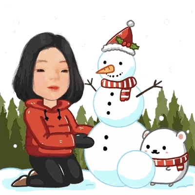 Girl in Red Hoodie Kneeling Next to Snowman