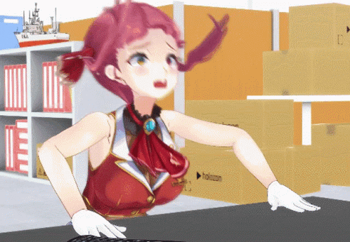 Girl In Red Outfit Standing In Front Of Holoman Box GIF