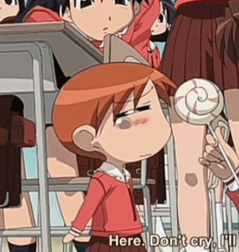 Girl In Red Shirt Holding Lollipop Says Don't Cry GIF
