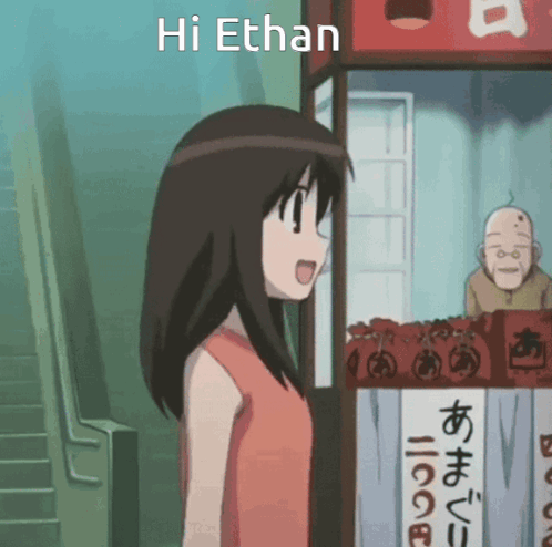 Girl In Red Shirt In Front Of Hi Ethan Store GIF