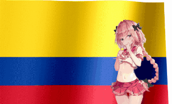 Girl in Red Skirt by Yellow Blue Red Flag