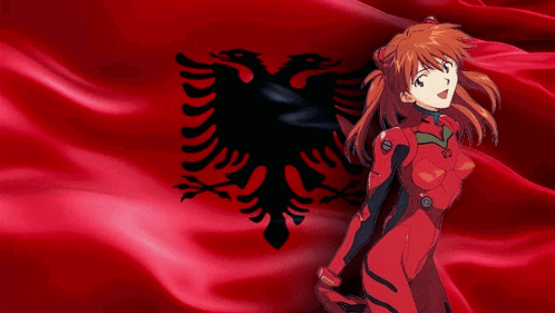 Girl in Red Suit in Front of Red Flag With Eagle