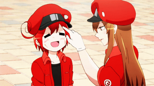 Girl In Red Touching Another Girl's Hat GIF