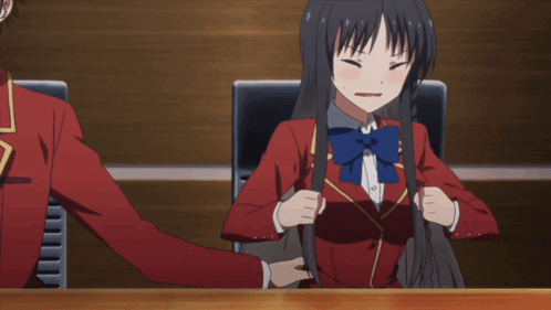 Girl In Red Uniform With Blue Bow Touched By Man GIF