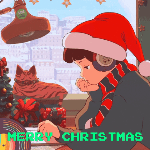 Girl in Santa Hat and Headphones With Merry Christmas Below