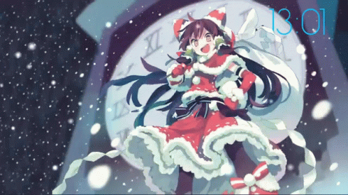Girl in Santa Outfit Standing in Front of Clock Saying 1301