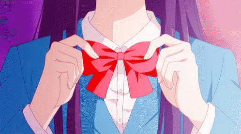 Girl in School Uniform Tying Pink Bow