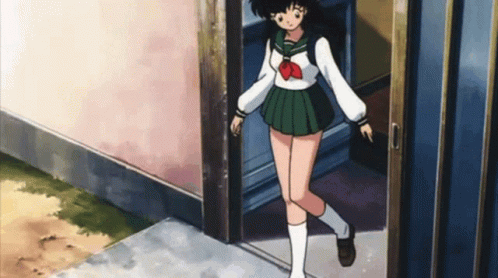 Girl In School Uniform Walking Into Doorway GIF