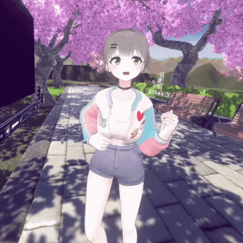 Girl In Shorts And Choker In Front Of Tree With Purple Flowers GIF
