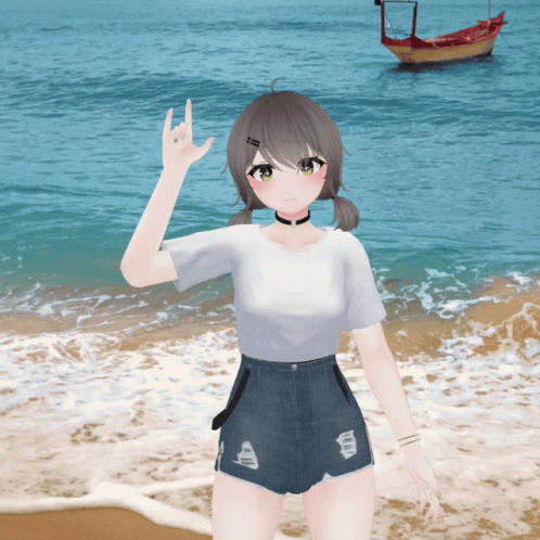 Girl In Shorts And White Shirt On Beach With Boat GIF
