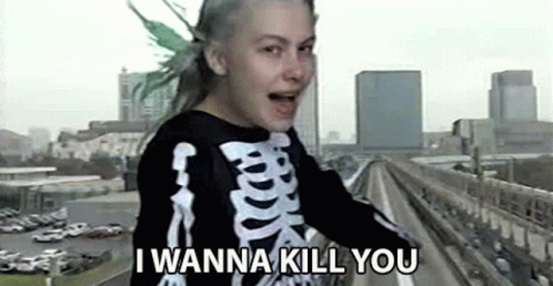Girl in Skeleton Shirt Saying I Wanna Kill You