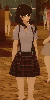 Girl in Suspenders and Plaid Skirt on Wooden Floor