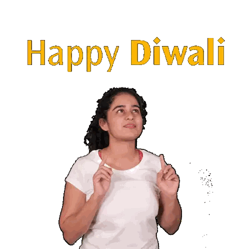 Girl in White Shirt Pointing Up Happy Diwali