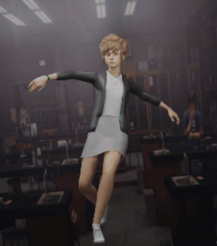 Girl In White Skirt And Black Jacket Dancing In Classroom GIF
