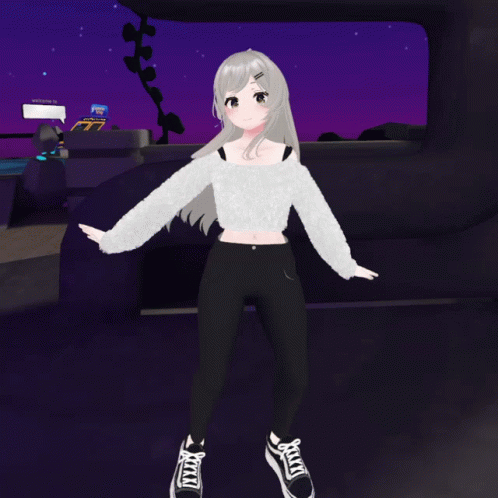 Girl in White Top and Black Pants, Purple Background