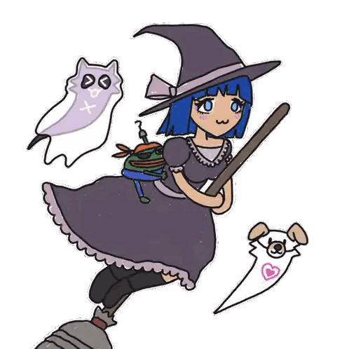 Girl in Witch Costume Flying with Ghost and Dog