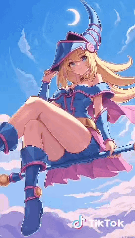 Girl in Witch Costume on Broom with Crescent Moon