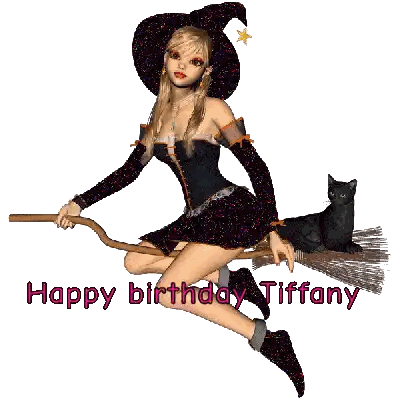 Girl in Witch Costume Sitting on Broom Happy Birthday Tiffany
