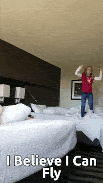 Girl Jumping on Bed I Believe I Can Fly