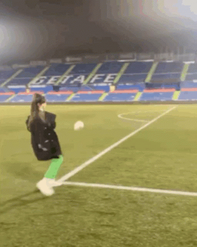 Girl Kicking Soccer Ball With Giraffe On Stands GIF
