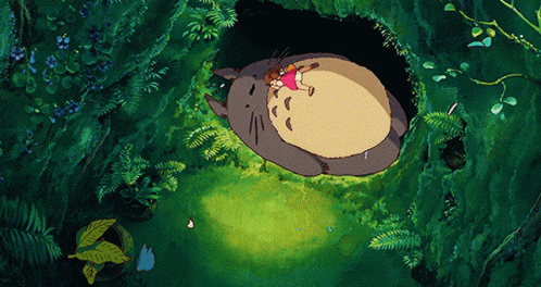 Girl Laying On Totoro In Cave GIF