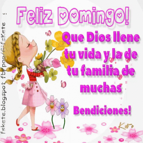 Girl Pink Dress Saying Feliz Domingo With Bouquet GIF