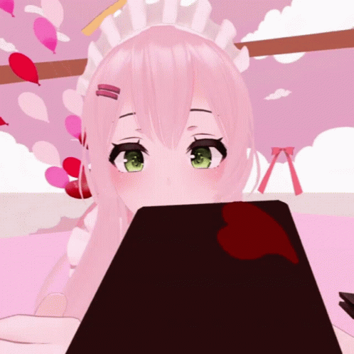 Girl Pink Hair Green Eyes Looking At Laptop
