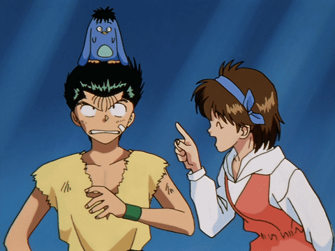 Girl Pointing At Man With Bird On Head GIF