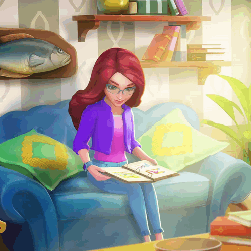 Girl Reading Book on Couch