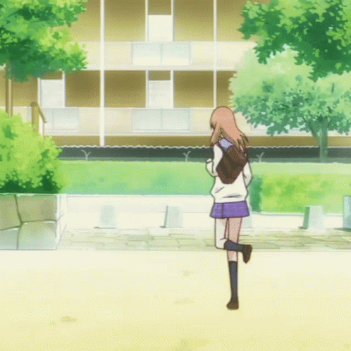 Girl Running on Sidewalk in White Sweater and Purple Skirt