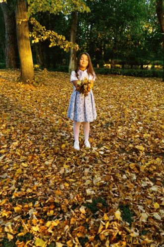 Girl Scattered Falling Leaves GIF