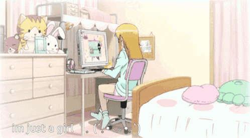 Girl Sitting At Computer Saying Im Just A Girl GIF