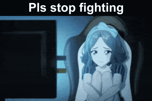 Girl Sitting in Front of Computer Saying Please Stop Fighting