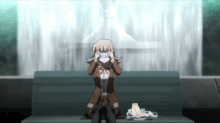 Girl Sitting On Bench Taking Photo Of Fountain GIF