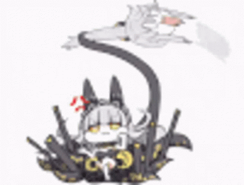Girl Sitting On Weapons With Flying Cat GIF