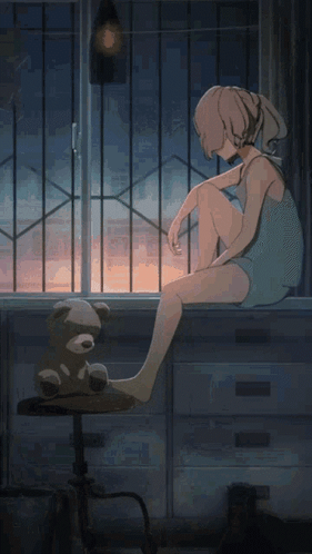 Girl Sitting on Window Sill With Teddy Bear
