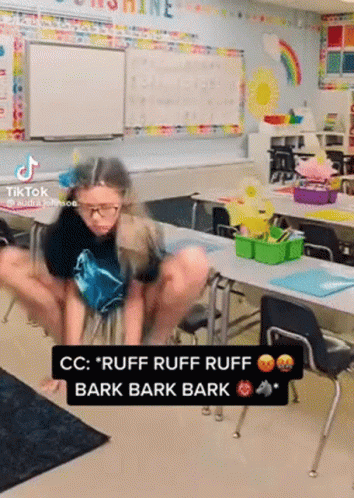 Girl Squatting In Classroom With Ruff Bark GIF