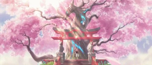 Girl Standing Before Cherry Blossom Tree And Torii Gate GIF