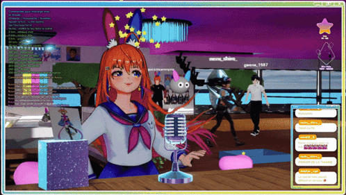 Girl Standing In Front Of Microphone With Purple Background GIF