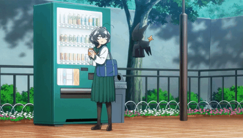 Girl Standing in Front of Vending Machine Holding Cup of Coffee
