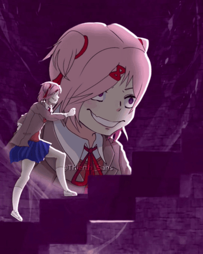 Girl Standing Next to Giant Girl Smiling Purple Background